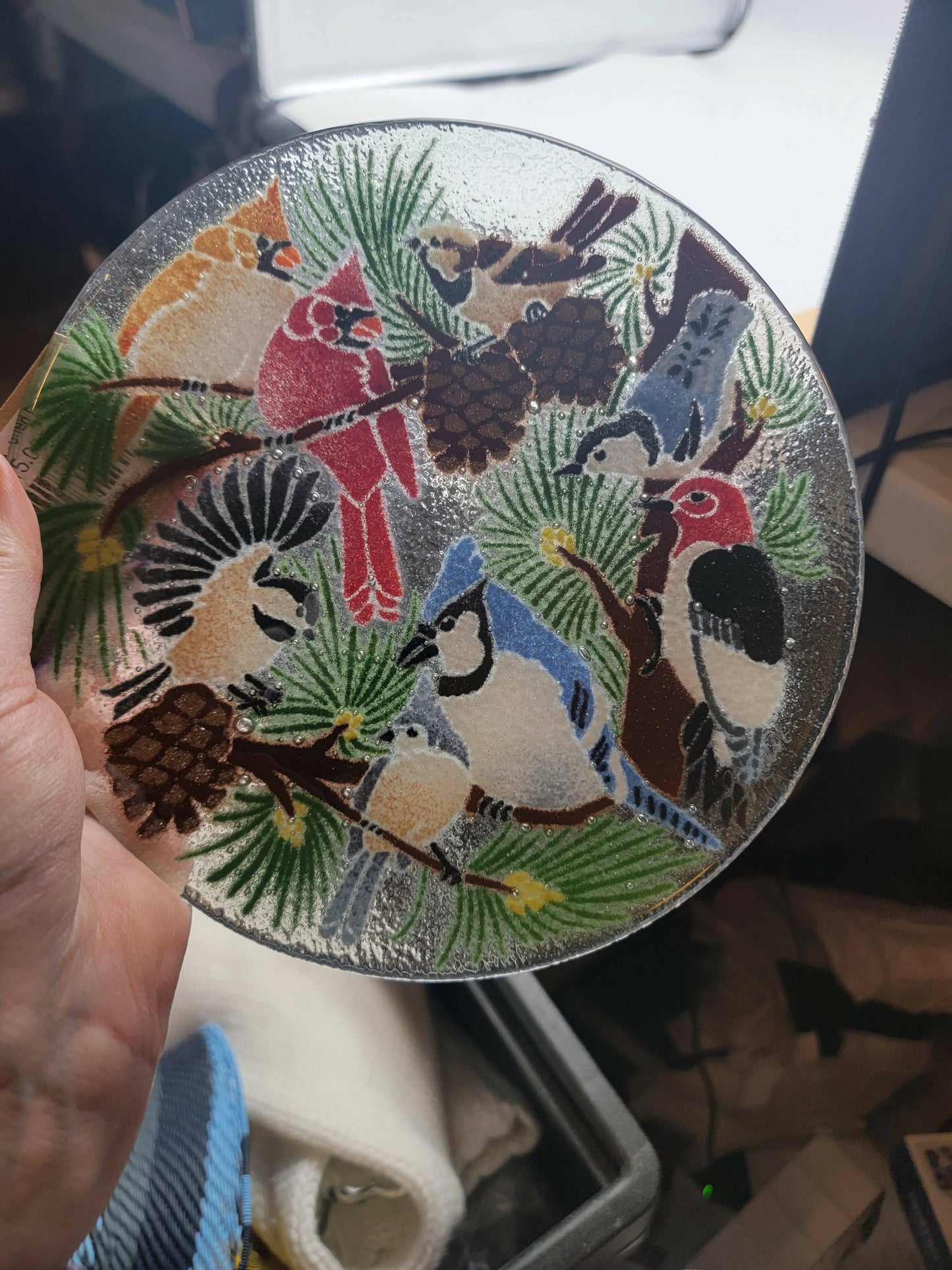 Art glass bird plate signed Peggy Karr