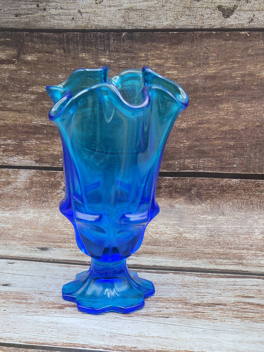 Fenton blue ruffle footed vase