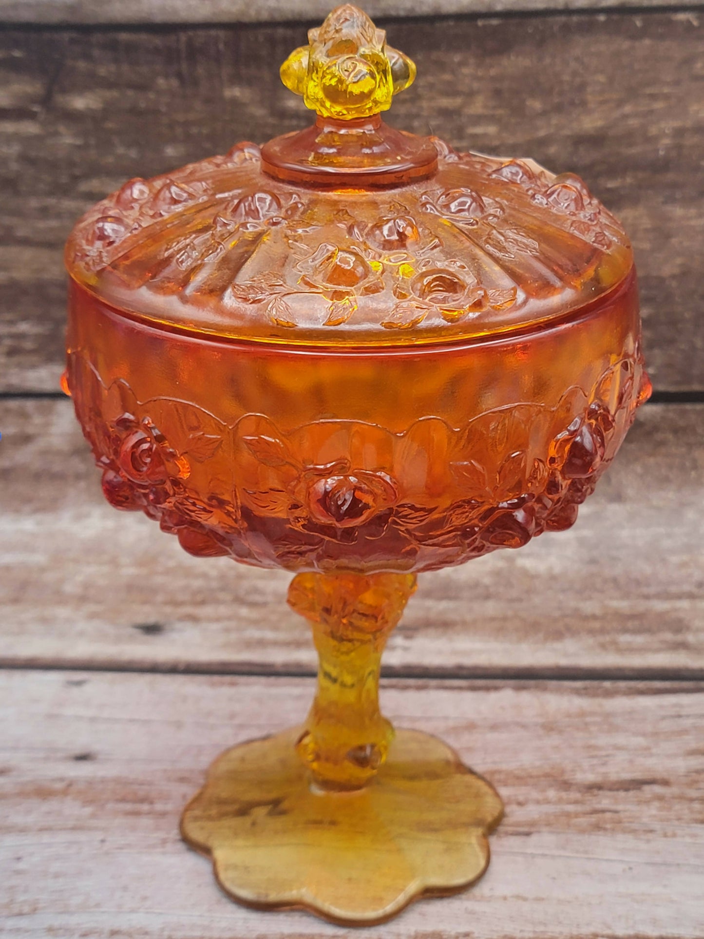 Amberina compote rose pattern with lid