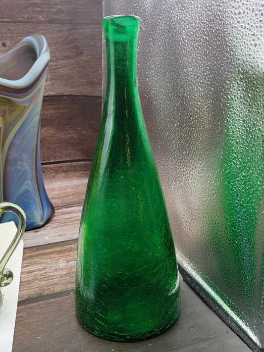 Tall green crackle glass bottle