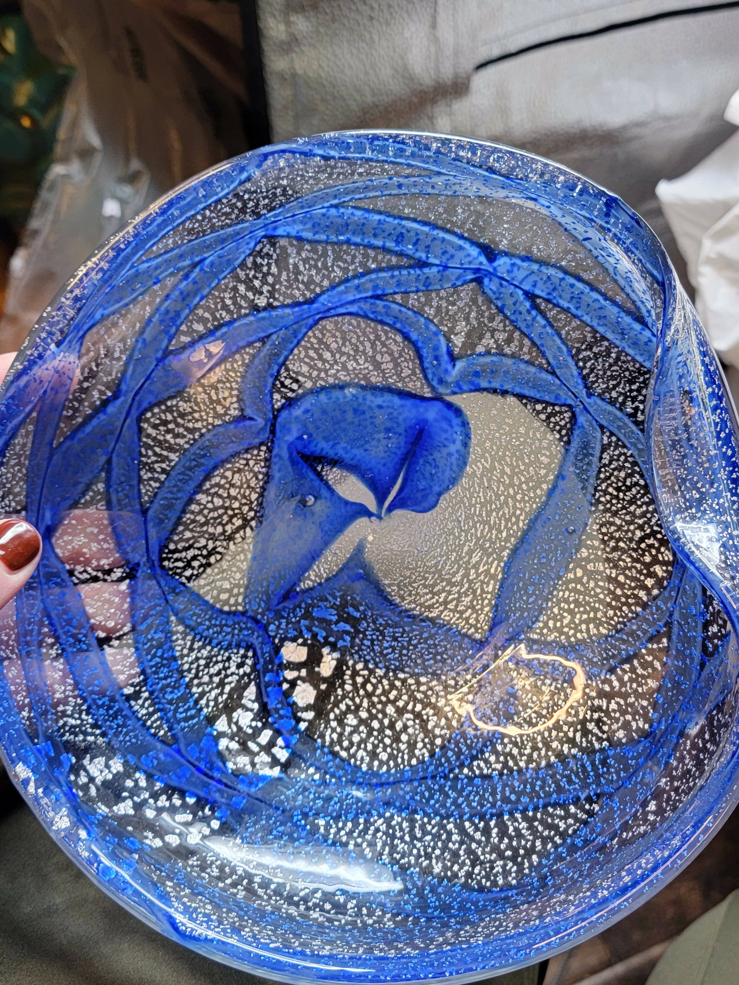 Art glass bowl silver & blue