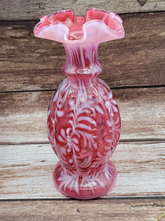 Pink ruffle opalescent signed Fenton vase
