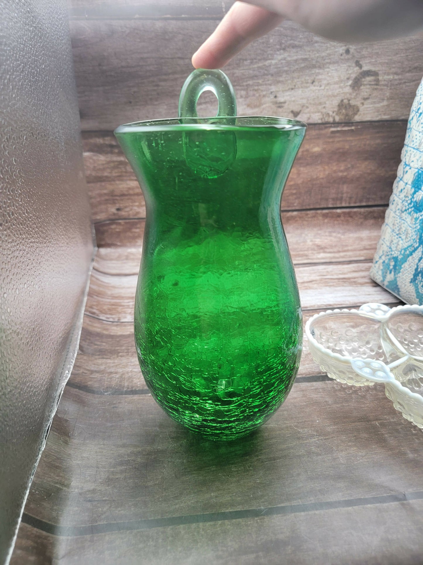 Green crackle glass wall pocket vase