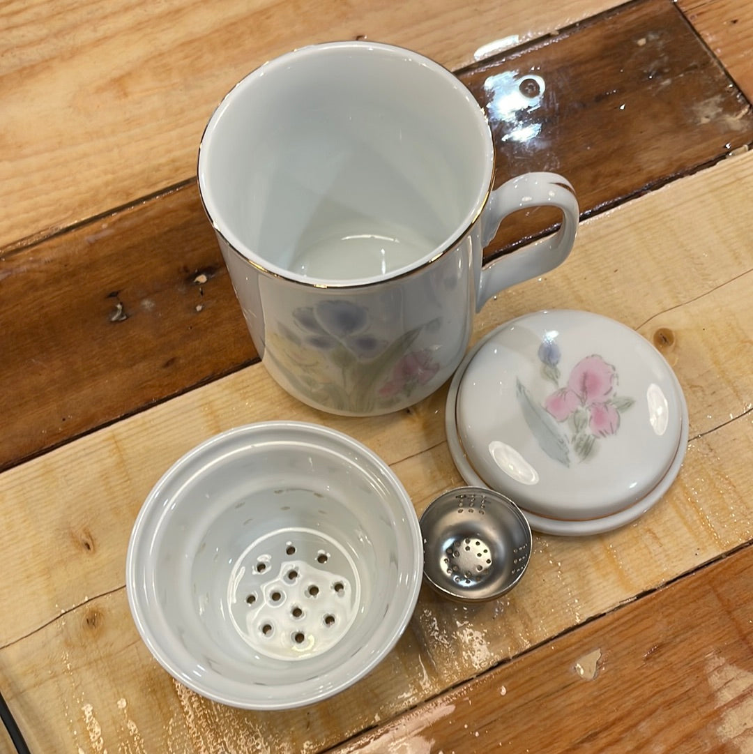 Floral Porcelain Tea Cup with Infuser and Lid