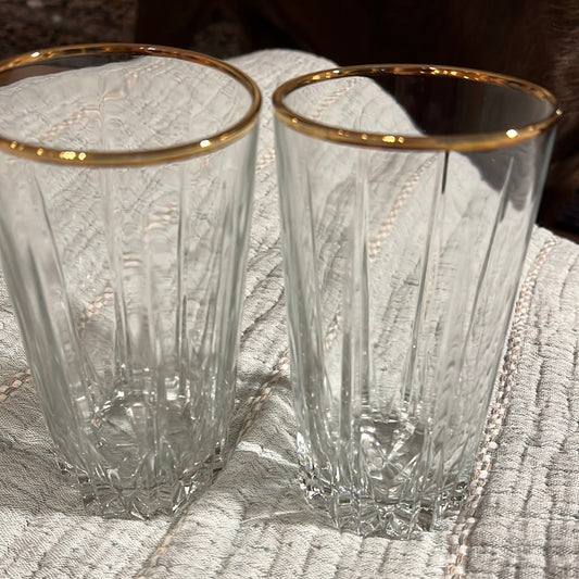 Set of 2 VTG Crystal Gold Rimmed Highball Glasses