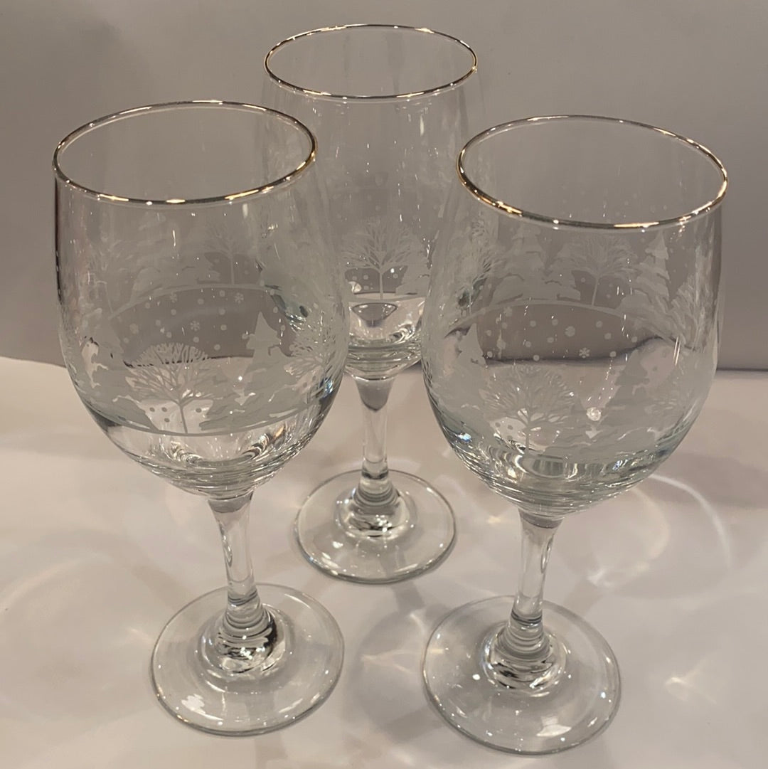 Trio of Gold Rimmed Etched Christmas Wine Glasses