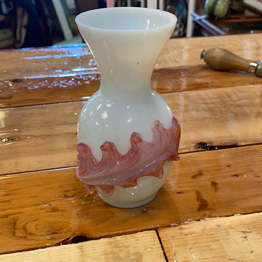 Opaline w/blown glass leaf, small vase