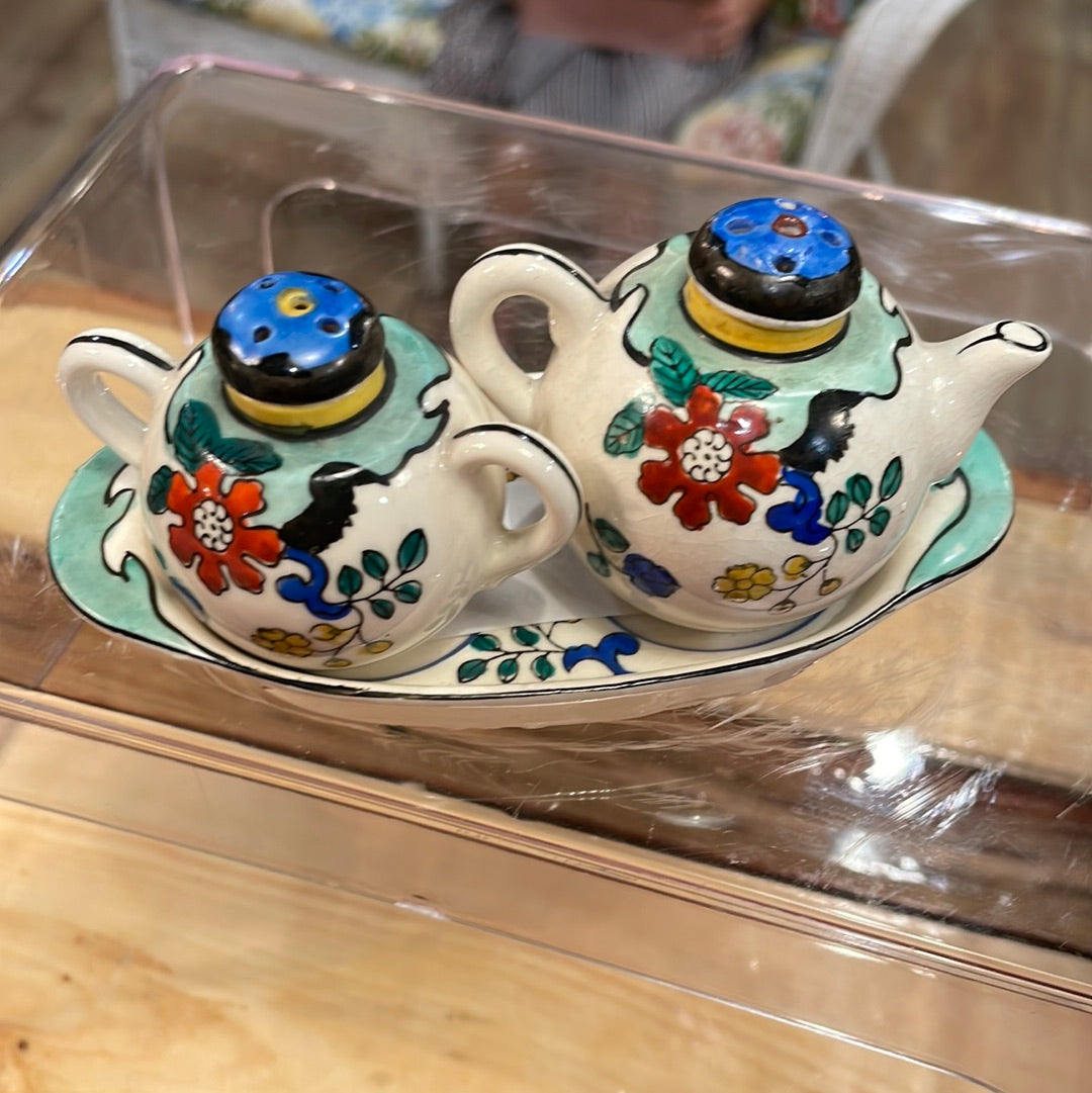 1920-30's Vintage Hand-Painted Floral Salt & Pepper Shakers with Tray
