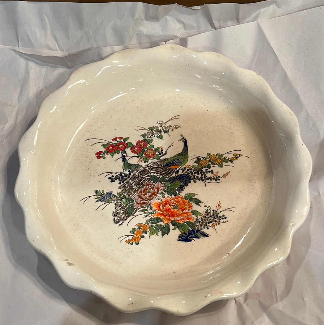 Vtg Hand Painted Japanese Peacock Pie Dish