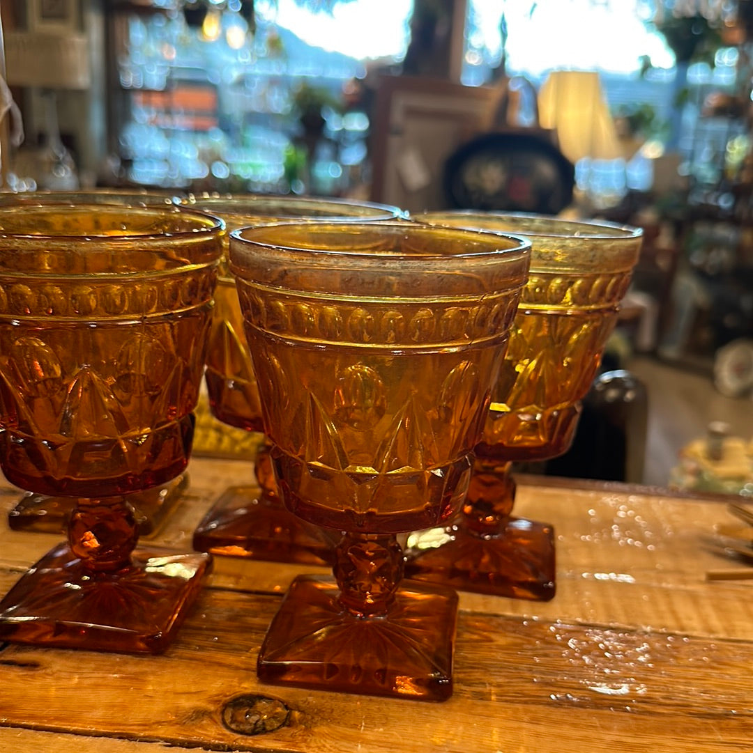 Set of 5 Vtg Indiana Glass Co. Park Lane Amber Goblets
