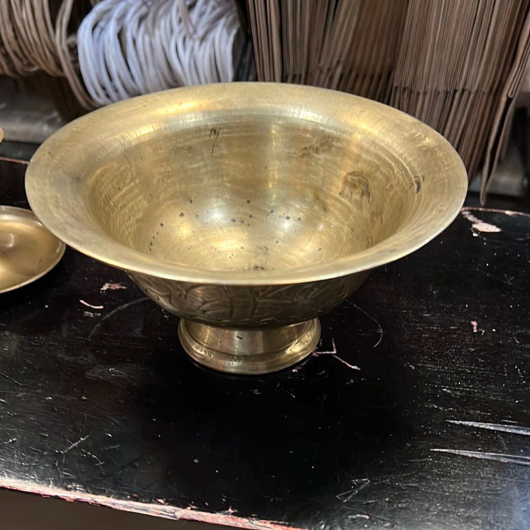 Vintage Brass Chinese Etched Bowl