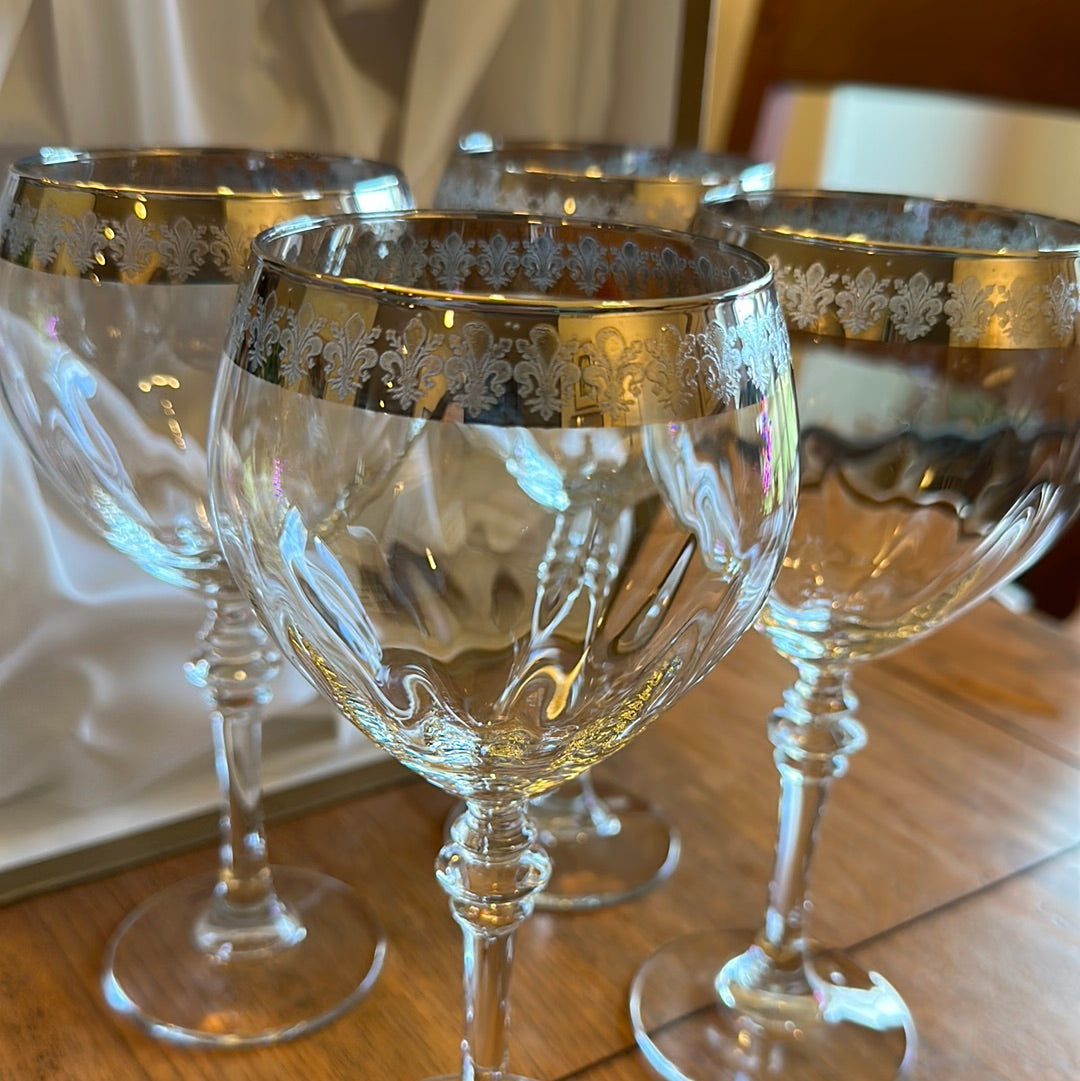 Set of 4 Cristalleria Fratelli Fumo Silver Etched Wine Glasses