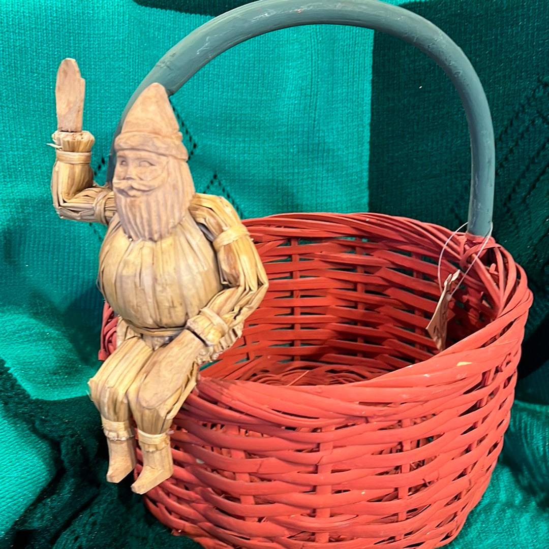 Vtg Husk Carved Santa Perched on Basket
