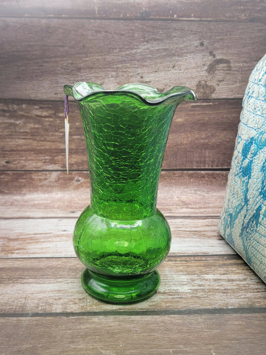 Green crackle glass ruffle vase