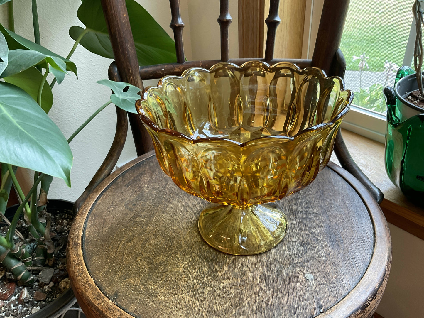 Vntg Amber Glass Pedestal Bowl
