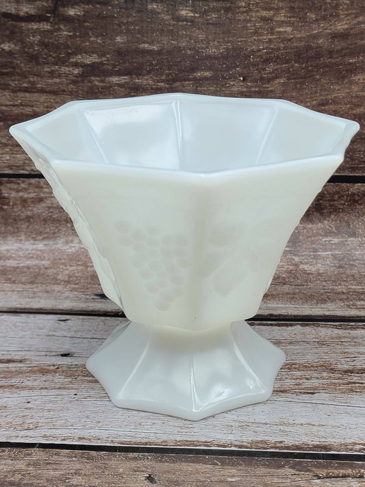 Octagonal milk glass grapes compote