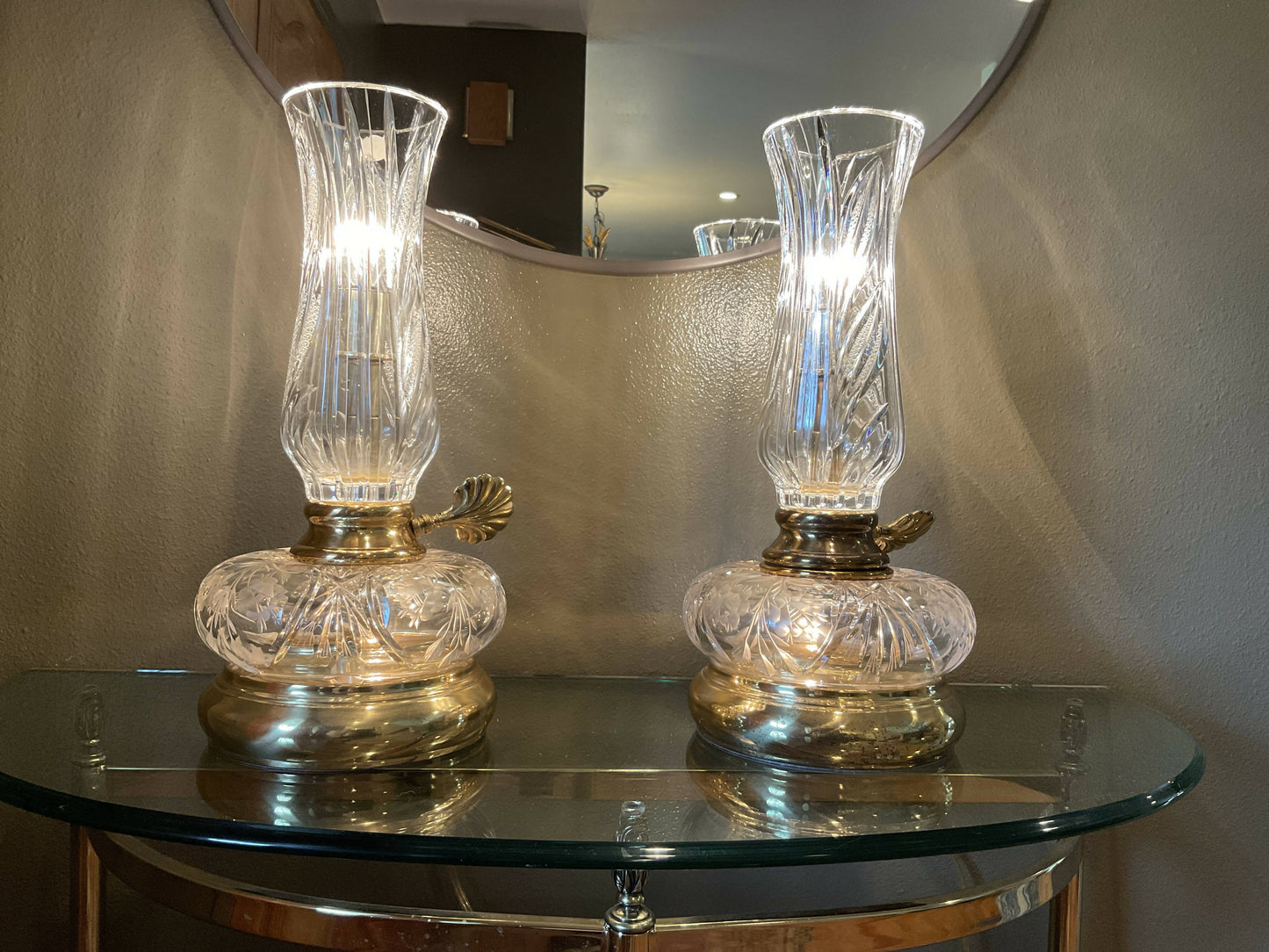 Dresden Crystal & Brass Two Light Hurricane Style Table Lamp