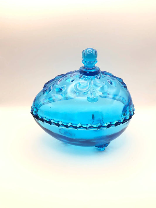 Blue glass egg dish with lid