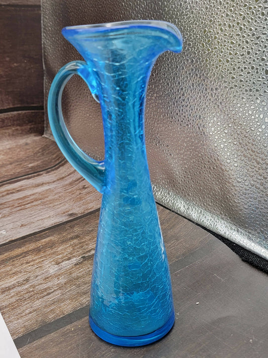 Tall turquoise Kanawha crackle glass pitcher