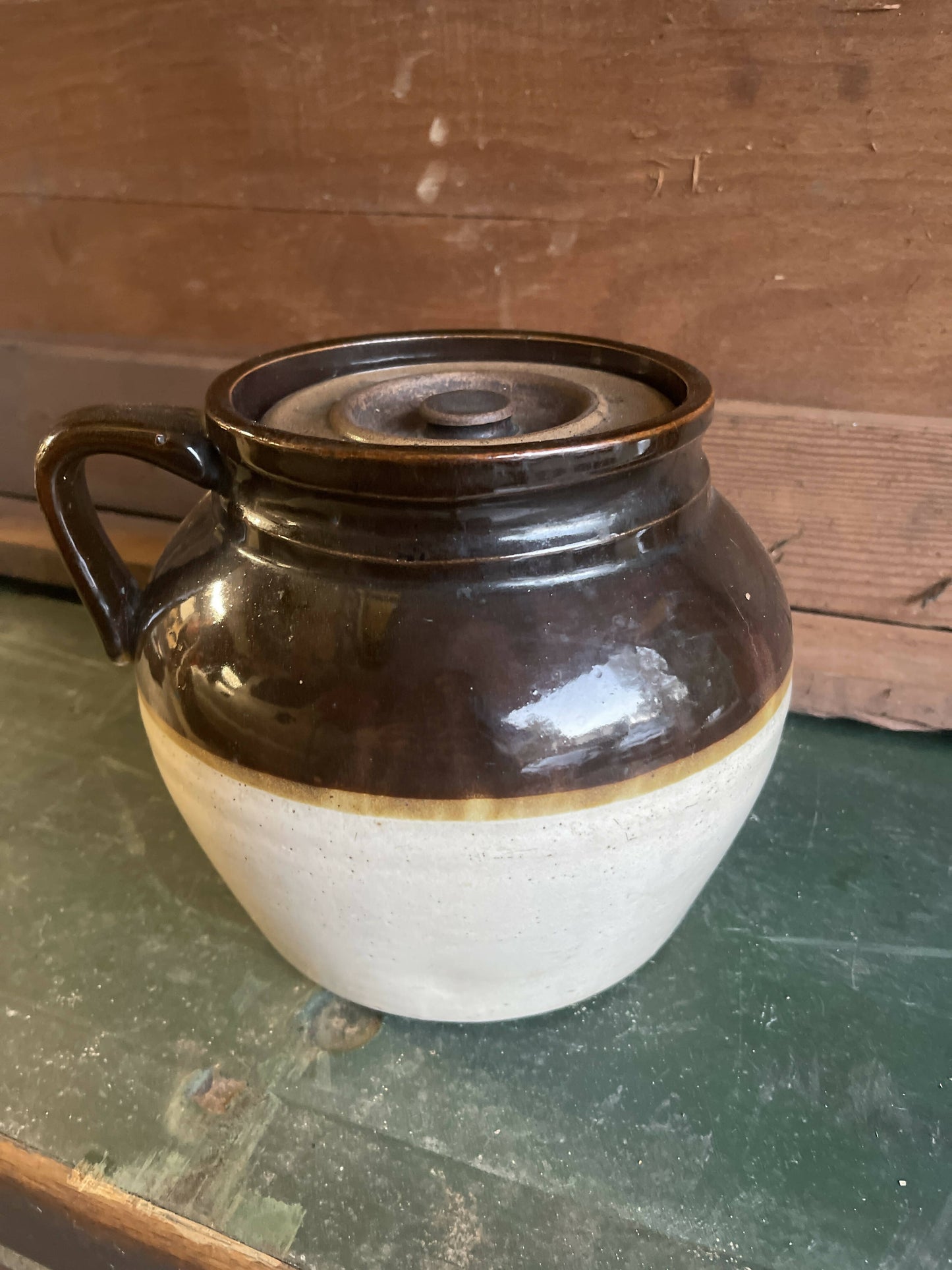 Antique American Crockery One Handled Bean Pot w/ Lid
